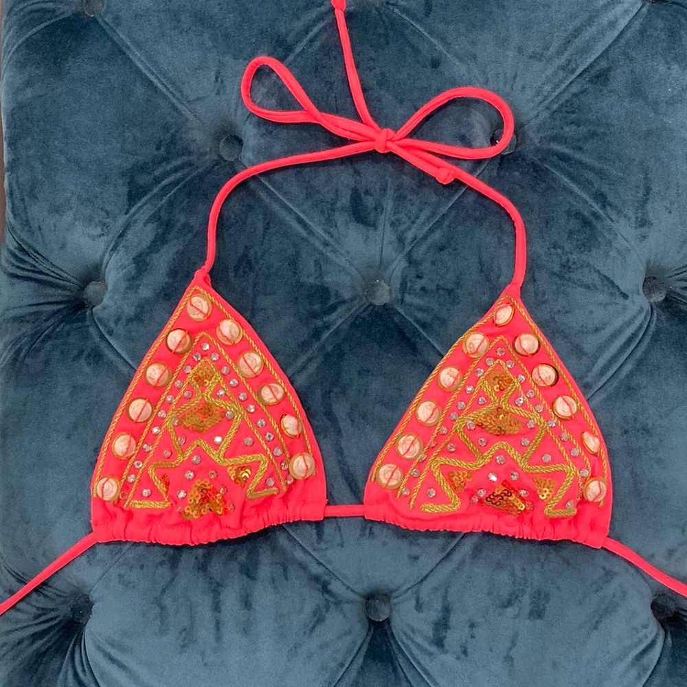 Victoria Secret Hot Pink Coral Sequin Shell Bikini Top Swimsuit Size M